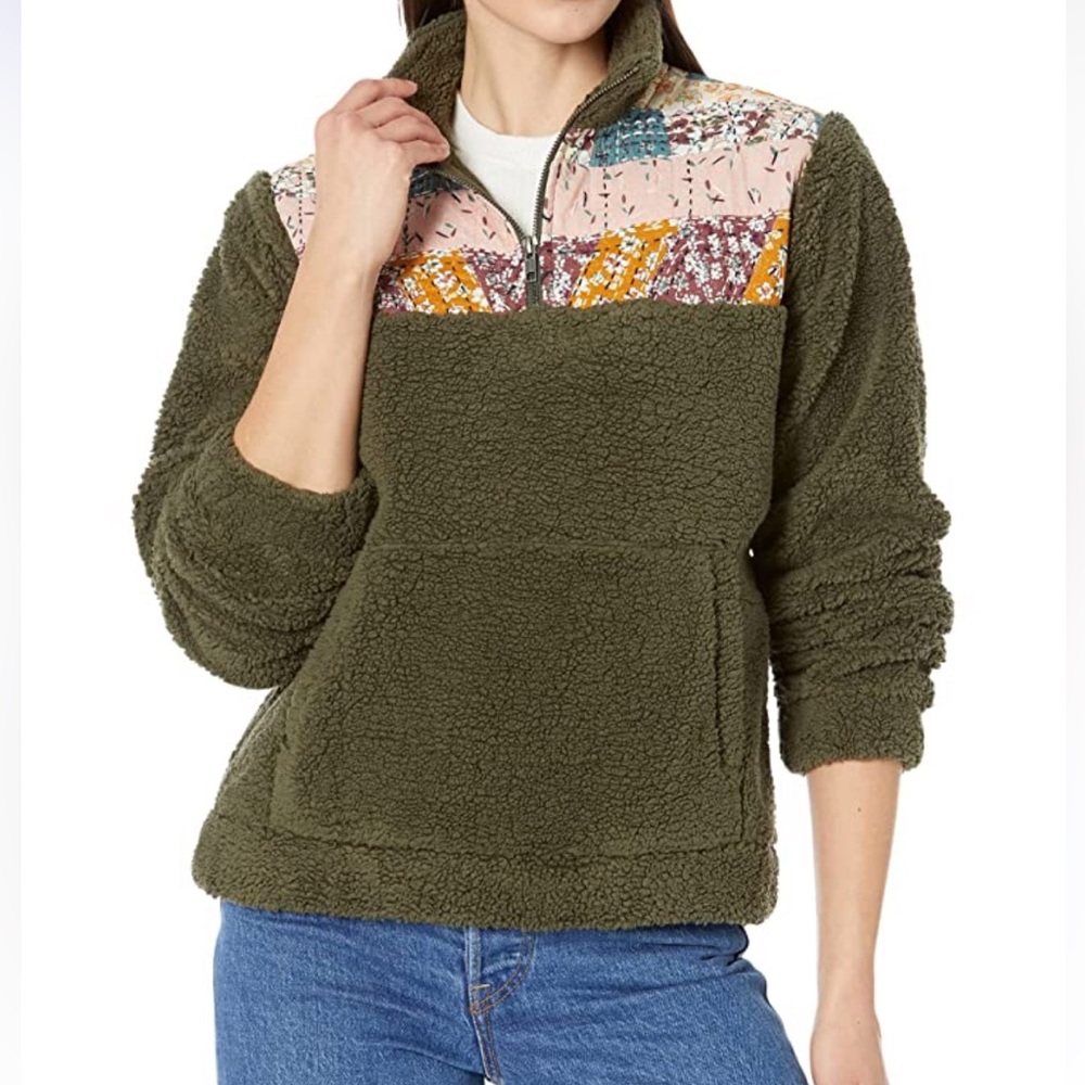 NWT Lucky Brand Olive Quilted Sherpa 1/4 Zip Jacket Size XS